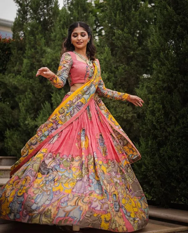 LABLETHNIC Pink Kalamkari Print With Hand Work Fully Stitched Printed Lehenga Choli With Dupatta Set Price in India - Buy LABLETHNIC Pink Kalamkari Print With Hand Work Fully...