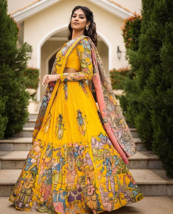 LABLETHNIC Yellow Kalamkari Print With Hand Work Fully Stitched Printed Lehenga Choli With Dupatta Set Price in India - Buy LABLETHNIC Yellow Kalamkari Print With Hand Work...